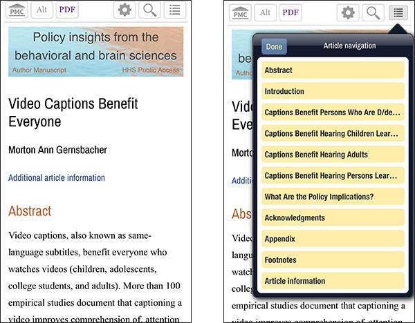 The same article from the previous images from the National Center for Biotechnology Information as a website. One is just the article, the other is the article with the article navigation expanded.