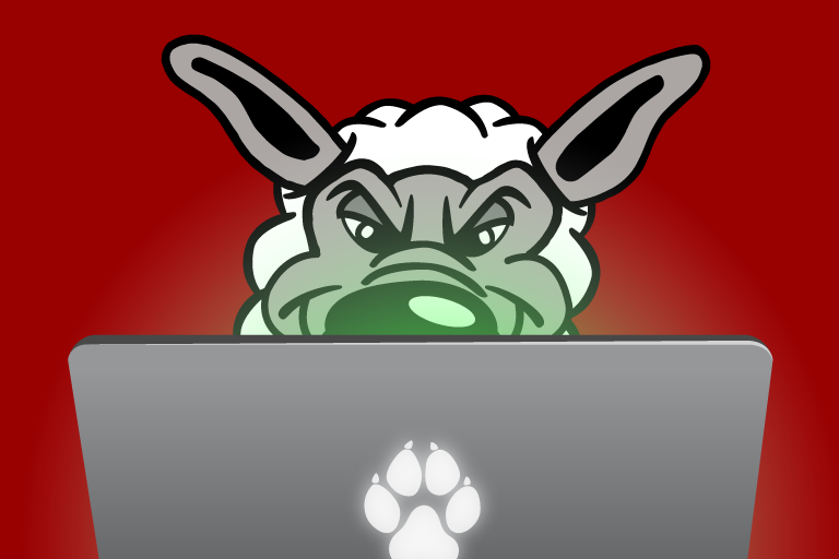 Cartoon image of a wolf in sheep's clothing in front of a laptop.