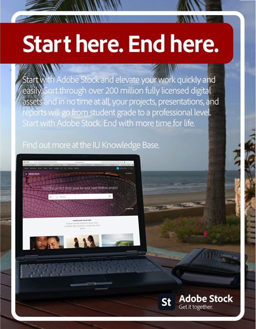 Advertisement for Adobe Stock at IU. The headline, "Start here. End here." is on the top of the page with an informational paragraph below it, all against a beach background and a computer screen.