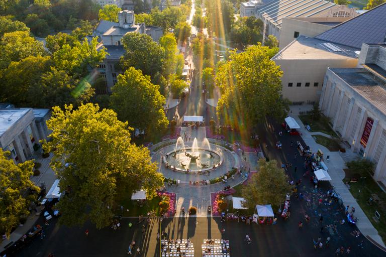 Aerial view of Indiana University's Showalter Fountain during a First Thursdays event.