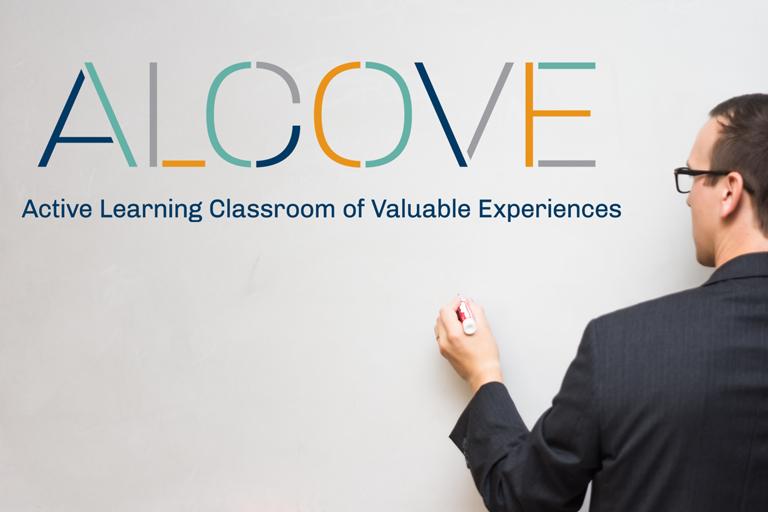 Man writing on a whiteboard with the Alcove wordmark and the text: Active Learning Classroom of Valuable Experiences