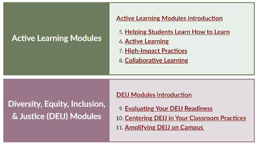 Two boxes with two subjects and a list of topics for each. The top box is labeled "Active Learning Modules" and its topics are listed as, "Active Learning Modules introduction," "5. Helping Students Learn How to Learn," "6. Active Learning," "7. High-Impact Practices," and "8. Collaborative Learning." The bottom box is labeled "Diversity, Equity, Inclusion, & Justice (DEIJ) Modules. Its topics are listed as "DEIJ Modules introduction," "9. Evaluating Your DEIJ Readiness," "10. Centering DEIJ in Your Classroom Practices," and "11. Amplifying DEIJ on Campus."