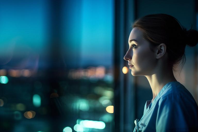 woman in scrubs looking out at a cityscape at night