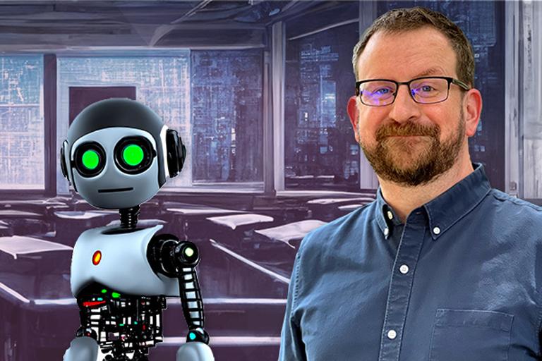 Michael Mace with a background of a classroom with two green-eyed robots