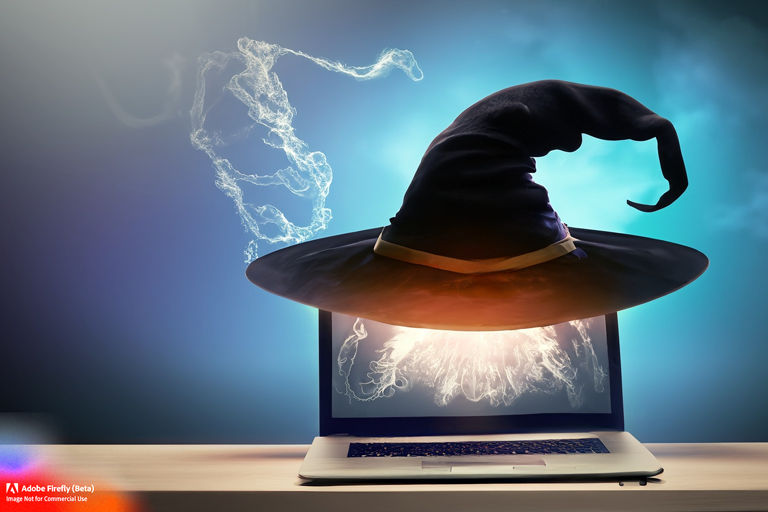 A wizard hat with a glowing magical light and curling smoke on a computer laptop on a desk