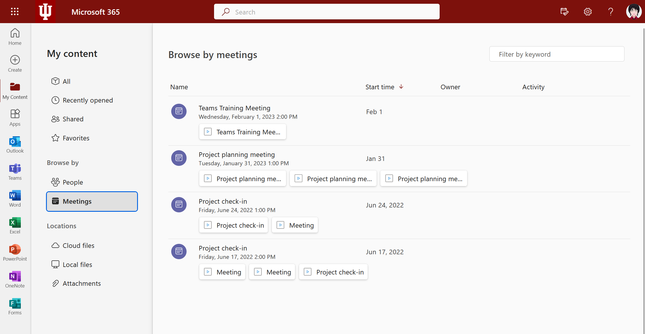 M365 app, My Content showing the Meetings view selected.