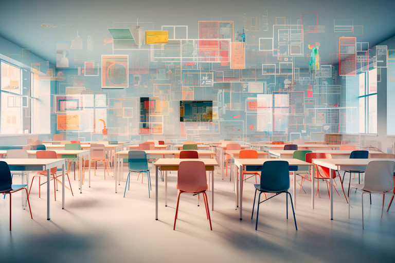 An empty classroom with colorful chairs and a transparent collage of frames and infographics in the space above the desks