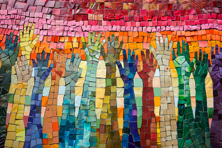 Colorful tile mosaic of hands raised