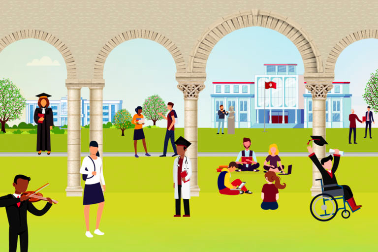 graphic rendering of a variety of university students in green setting with Greek columns and modern buildings in the background