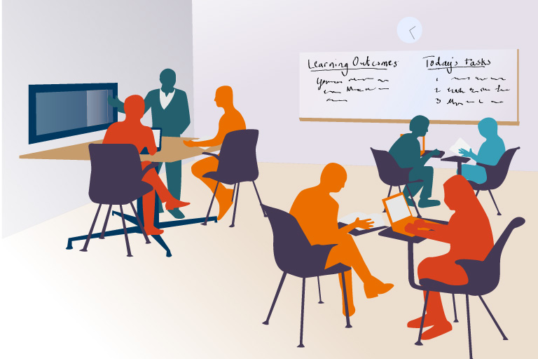 Graphic rendering of groups of students in an active classroom setting